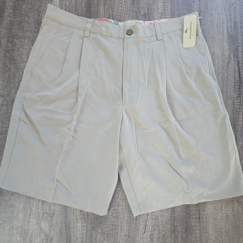 Tommy Bahama Mens New St Thomas Pleated Silk Cotton Shorts Abbey Stone 34 T87381